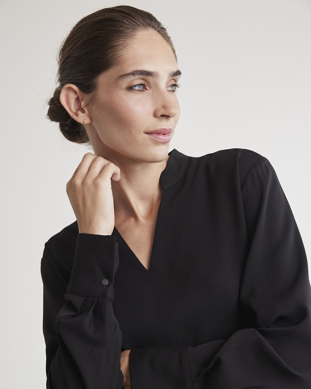 Long-Sleeve Fluid Twill Tunic with V Neckline