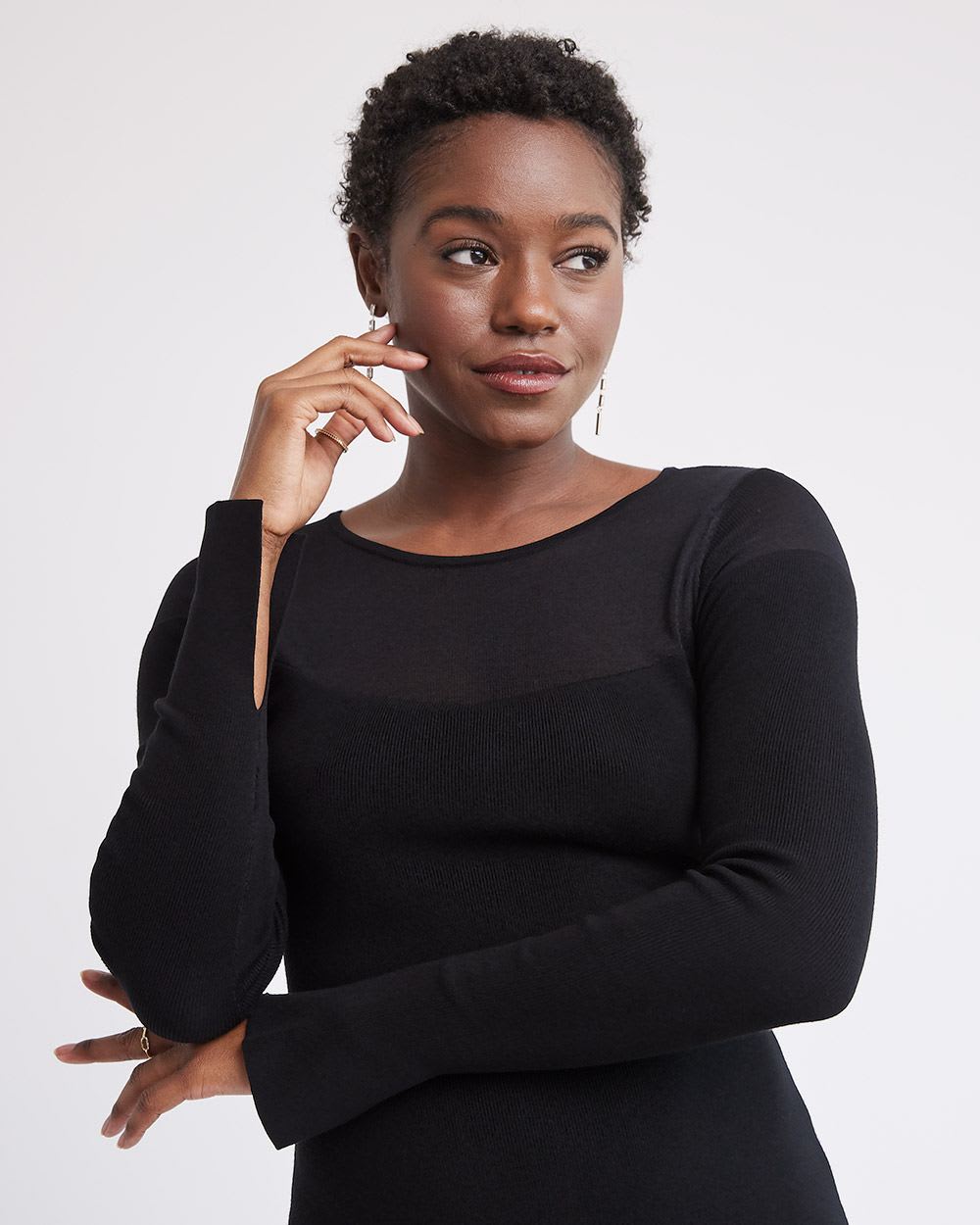 Long-Sleeve Crew-Neck Midi Dress with Sheer Yoke