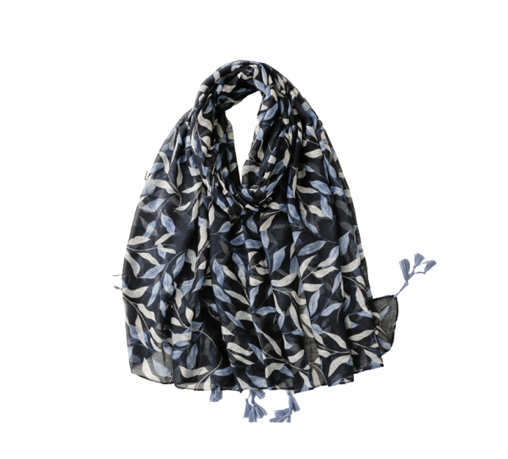 Navy leaf scarf with tassels - Don't AsK