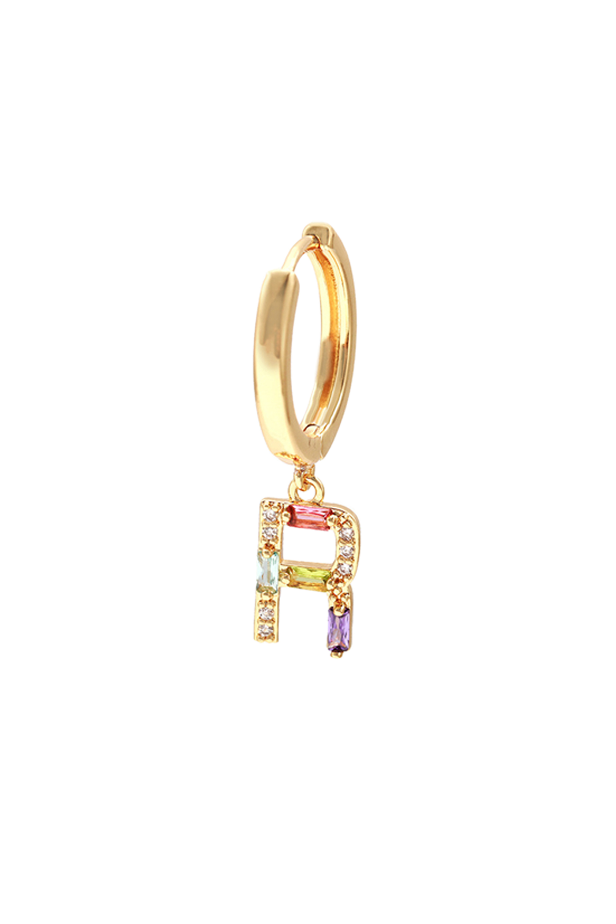 Classicharms-Single Pavé Initial Charm Drop Huggie Hoop Earring-Letter R