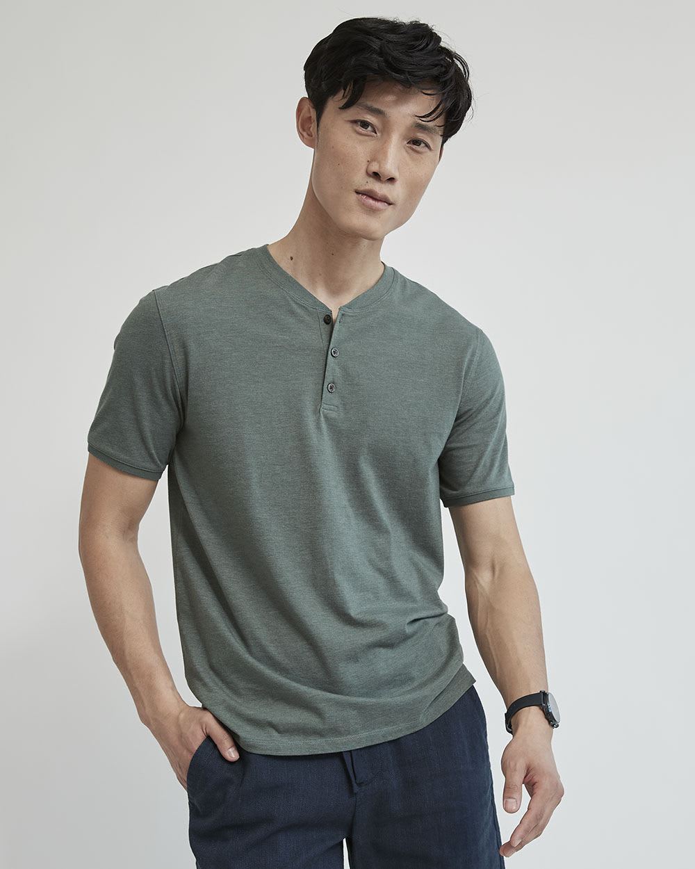Solid Short-Sleeve Tee with Henley Neckline