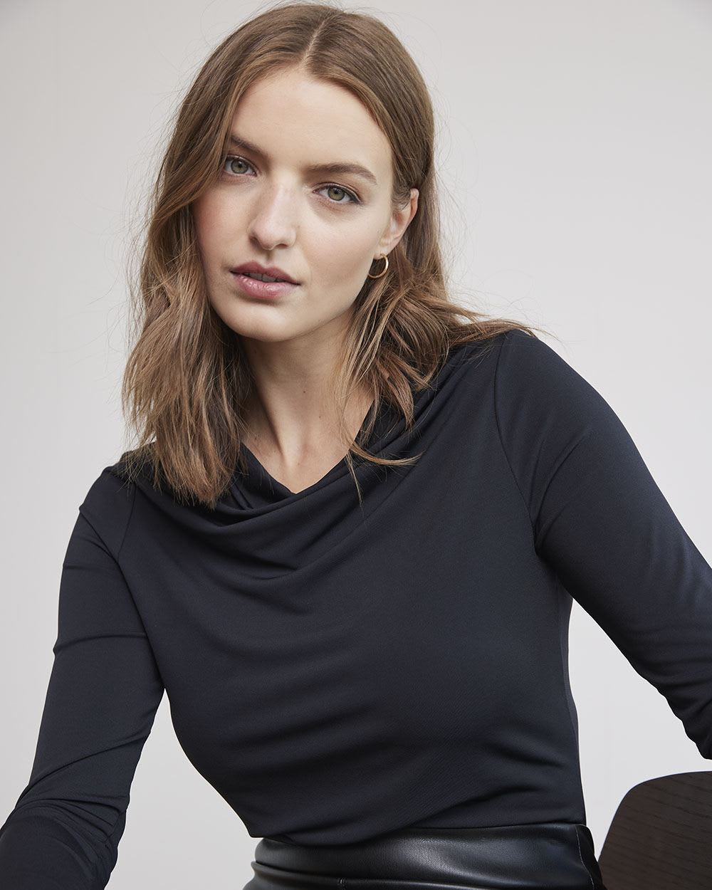 Black Long-Sleeve Tee with Draped Neckline