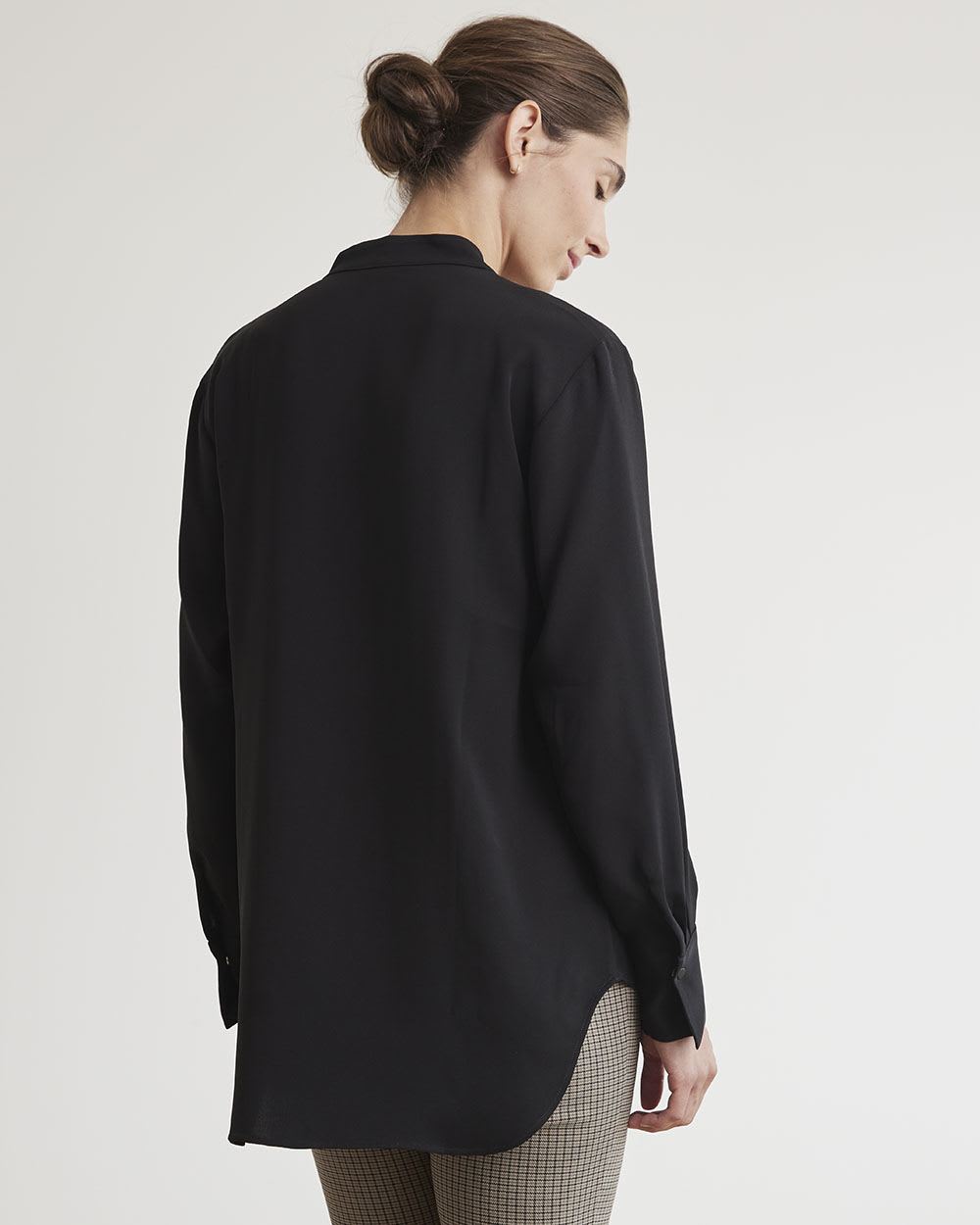 Long-Sleeve Fluid Twill Tunic with V Neckline