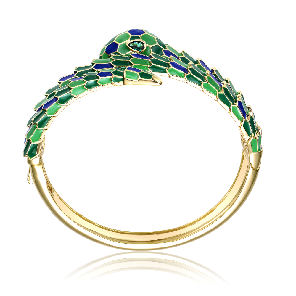 RG 14k Yellow Gold Plated with Emerald Cubic Zirconia Green & Blue Enamel 3D Serpent Coiled Bypass Wrapped Bangle Bracelet