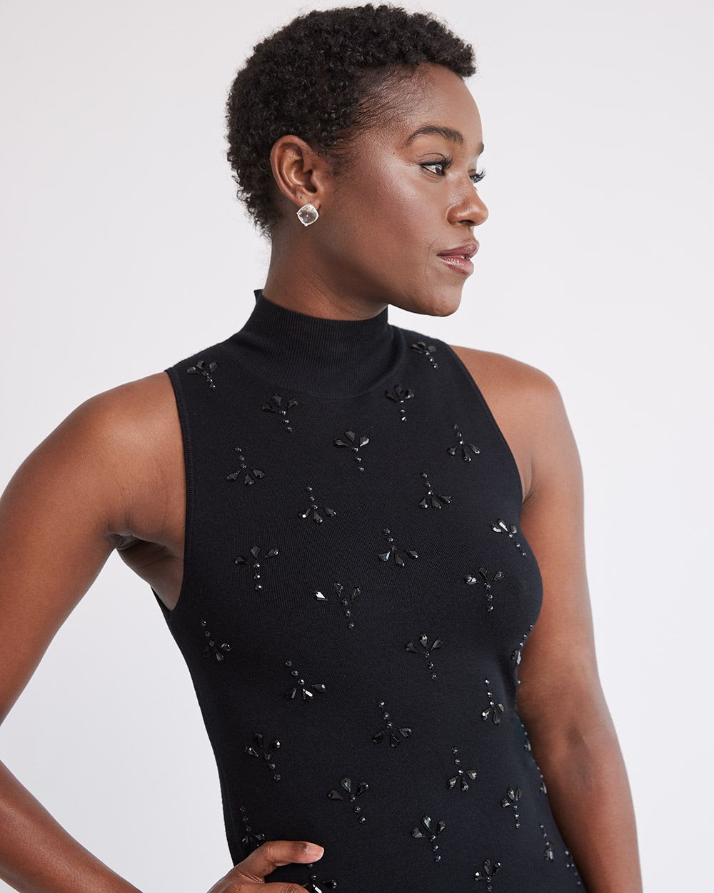 Sleeveless Mock-Neck Mini Dress with Stones