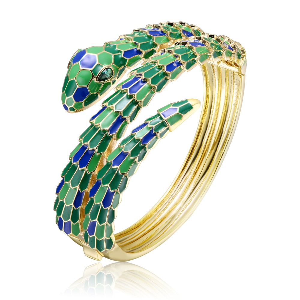 RG 14k Yellow Gold Plated with Emerald Cubic Zirconia Green & Blue Enamel 3D Serpent Coiled Bypass Wrapped Bangle Bracelet