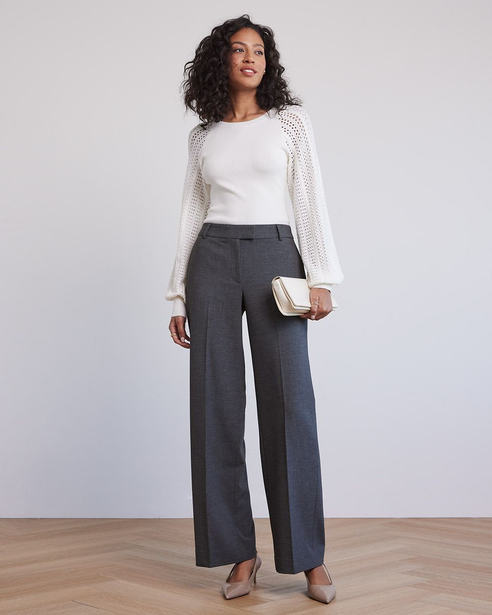 Long-Puffy-Sleeve Crew-Neck Sweater with Pointelle Stitches