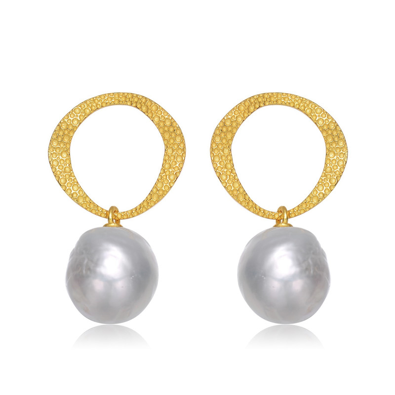 Sterling Silver 14k Yellow Gold Plated with Genuine Freshwater Button Pearl Drop Earrings
