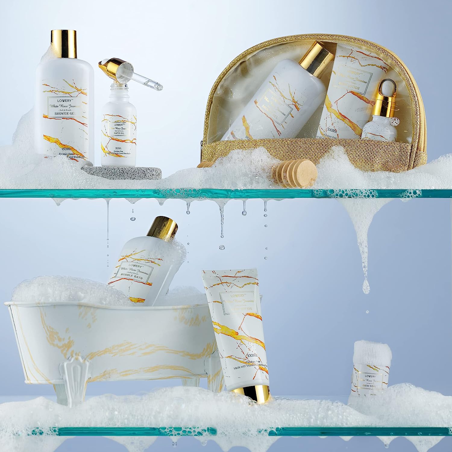 Lovery Home Spa Gift Basket, Self Care Gifts, White Rose Jasmine Bath & Body Gift Basket