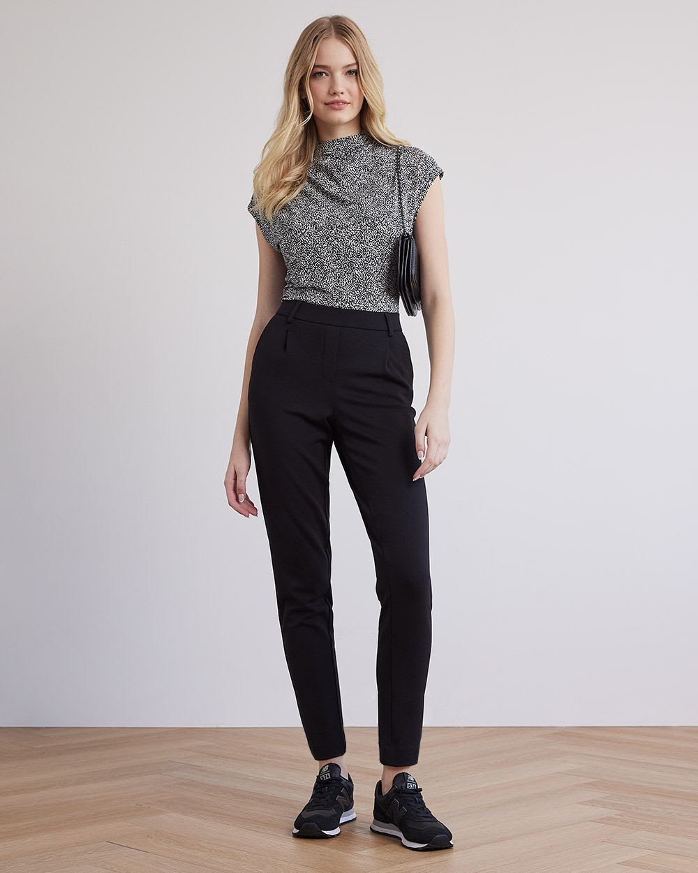 Cap-Sleeve Crepe Tee with Pleated Mock Neckline