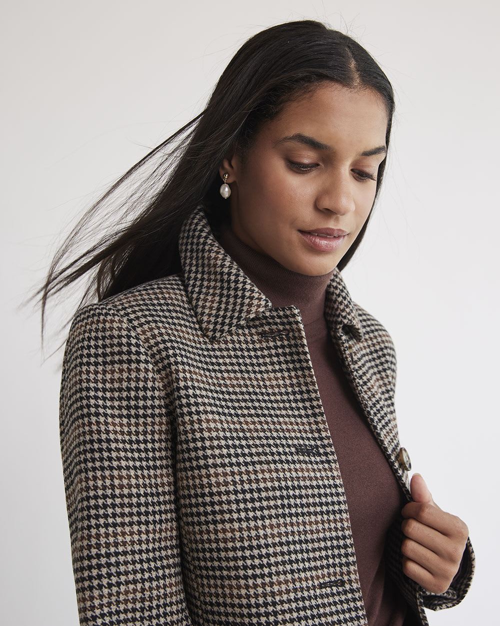 Houndstooth Wool Coat with Shirt Collar