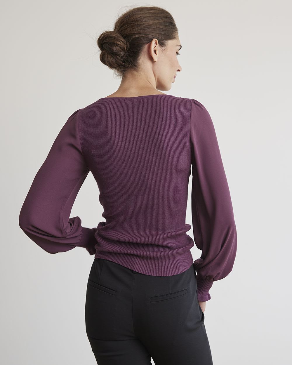 Mix-Media Bodycon Sweater with Long Puffy Sleeves