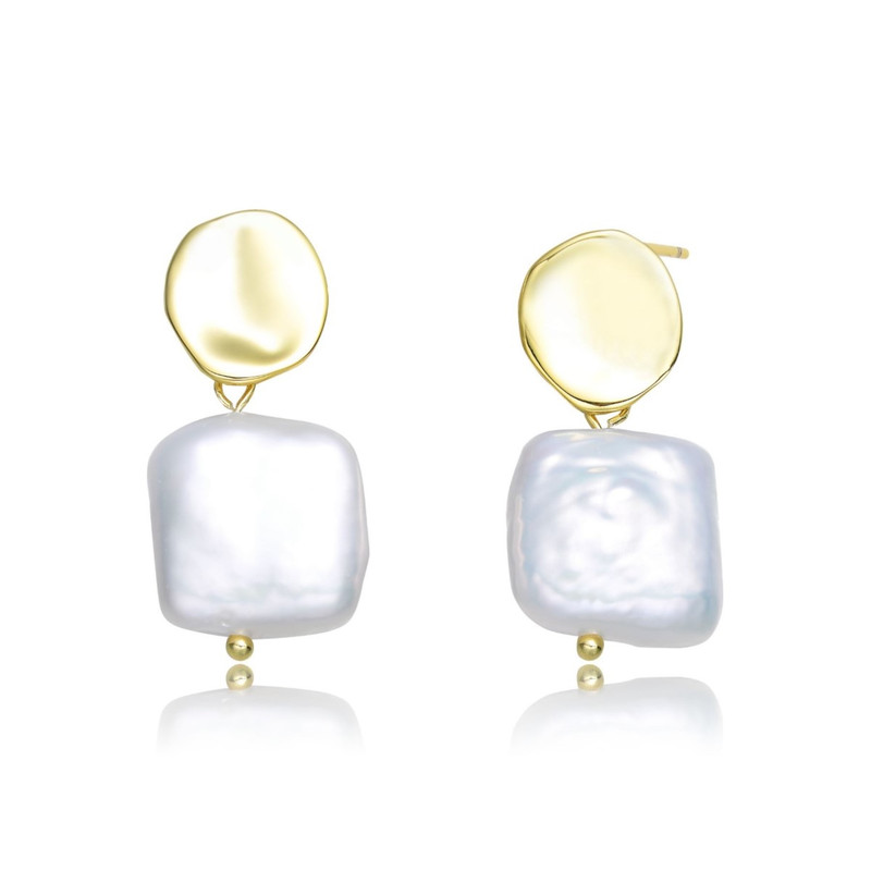 Very Stylish Sterling Silver with 14k Yellow Gold Plating and Genuine Freshwater Pearl Dangling Earrings