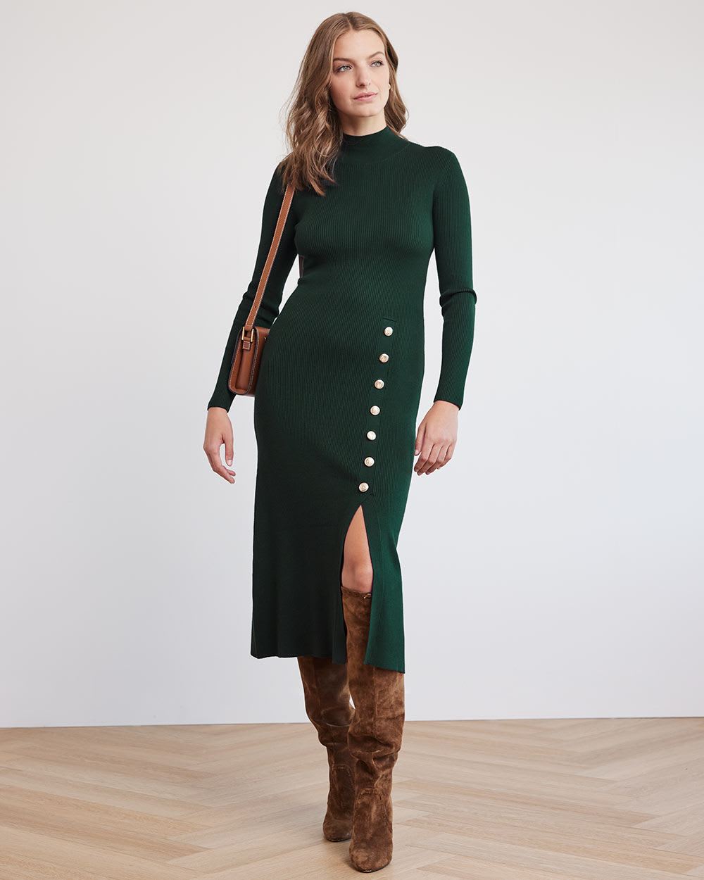 Long-Sleeve Mock-Neck Fitted Midi Dress