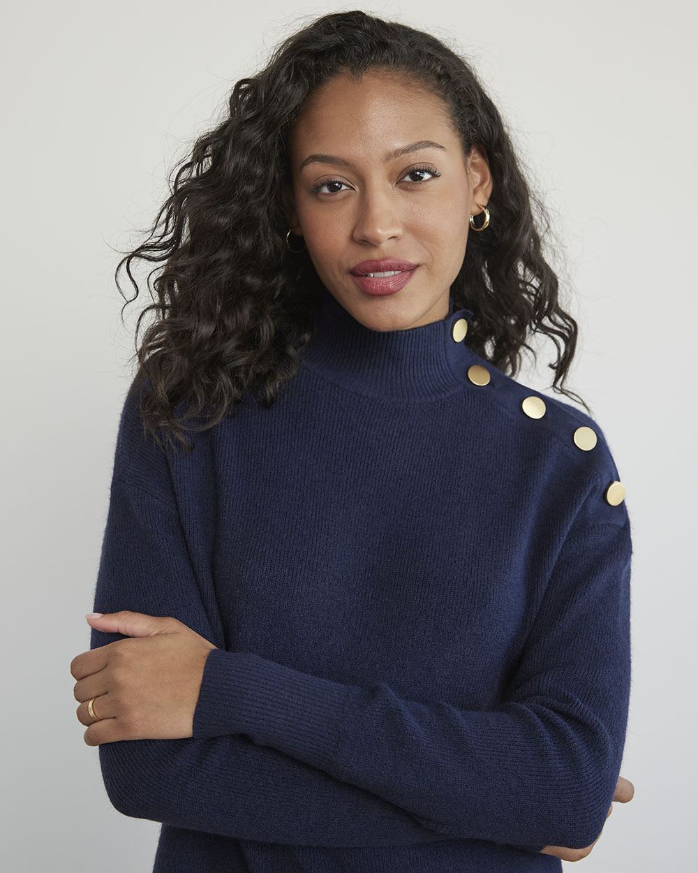 Long-Sleeve Mock-Neck Straight Dress with Buttons at Shoulder