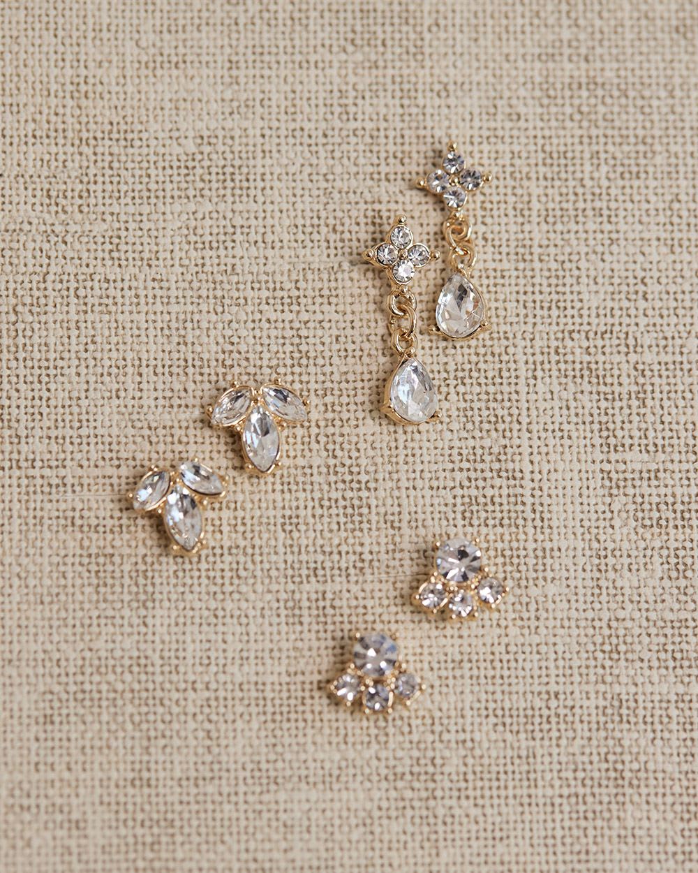 Stud Earrings with Glass Stones - 3 Pairs