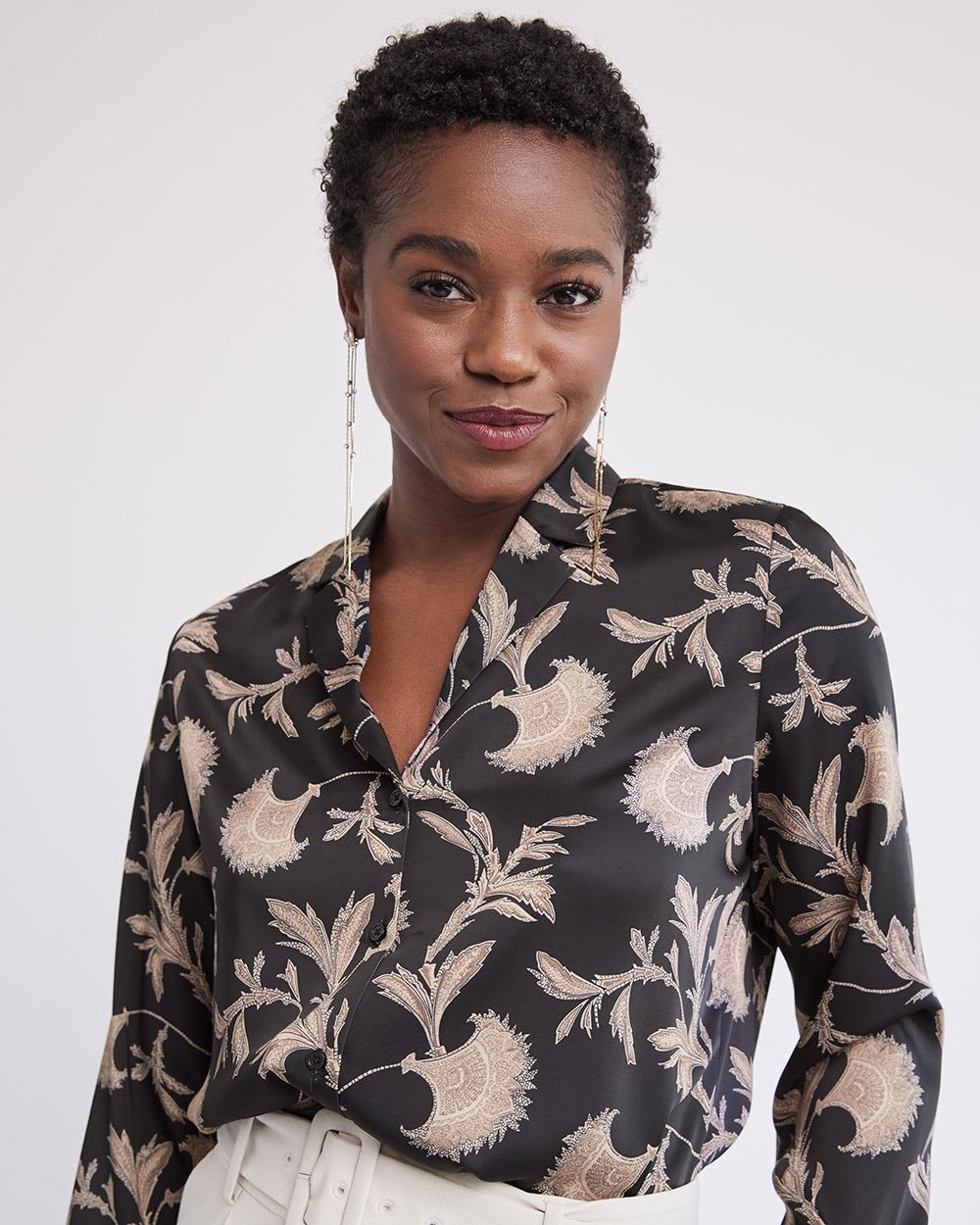 Long-Sleeve Buttoned-Down Satin Blouse