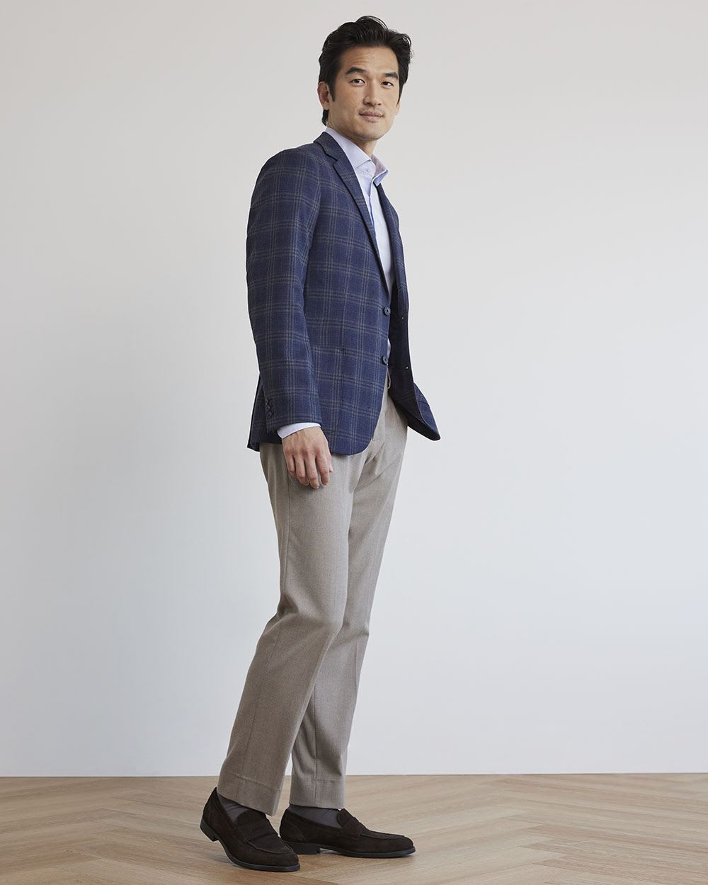 Slim Brushed Navy Plaid Blazer