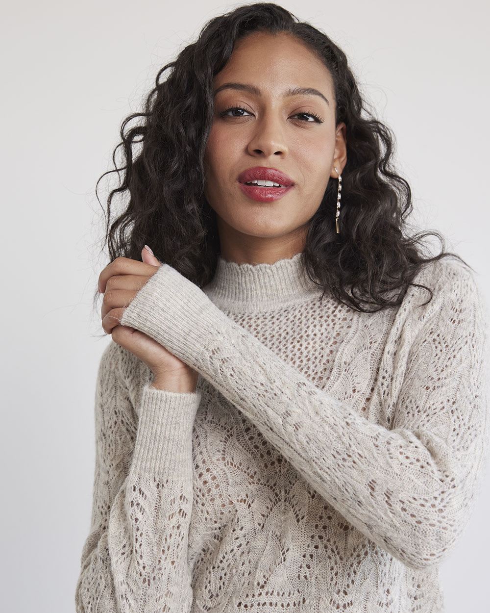 Long-Sleeve Mock-Neck Sweater with Pointelle Stitches