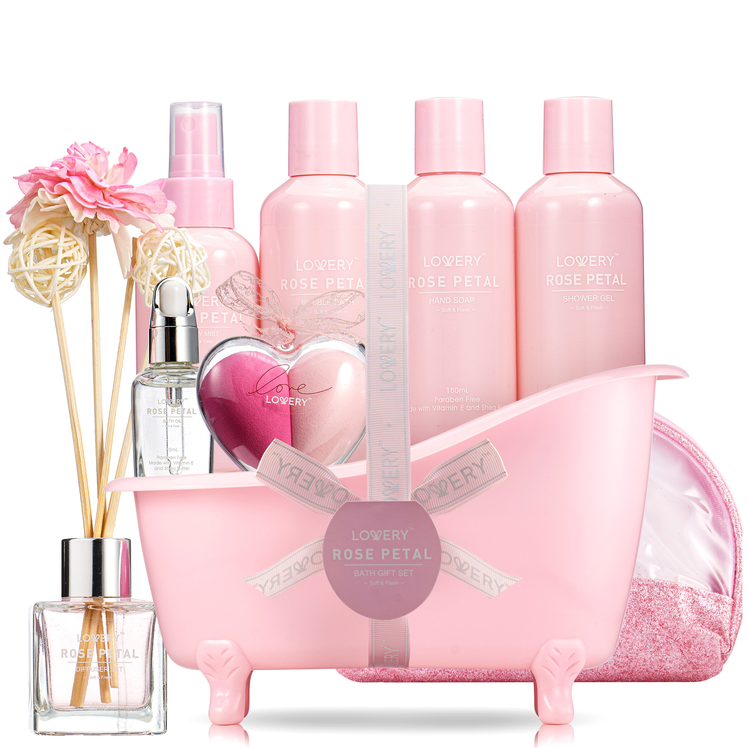 Lovery 17pc Aromatherapy Set, Rose Petal Bath And Body Spa Kit With Oil Diffuser & More
