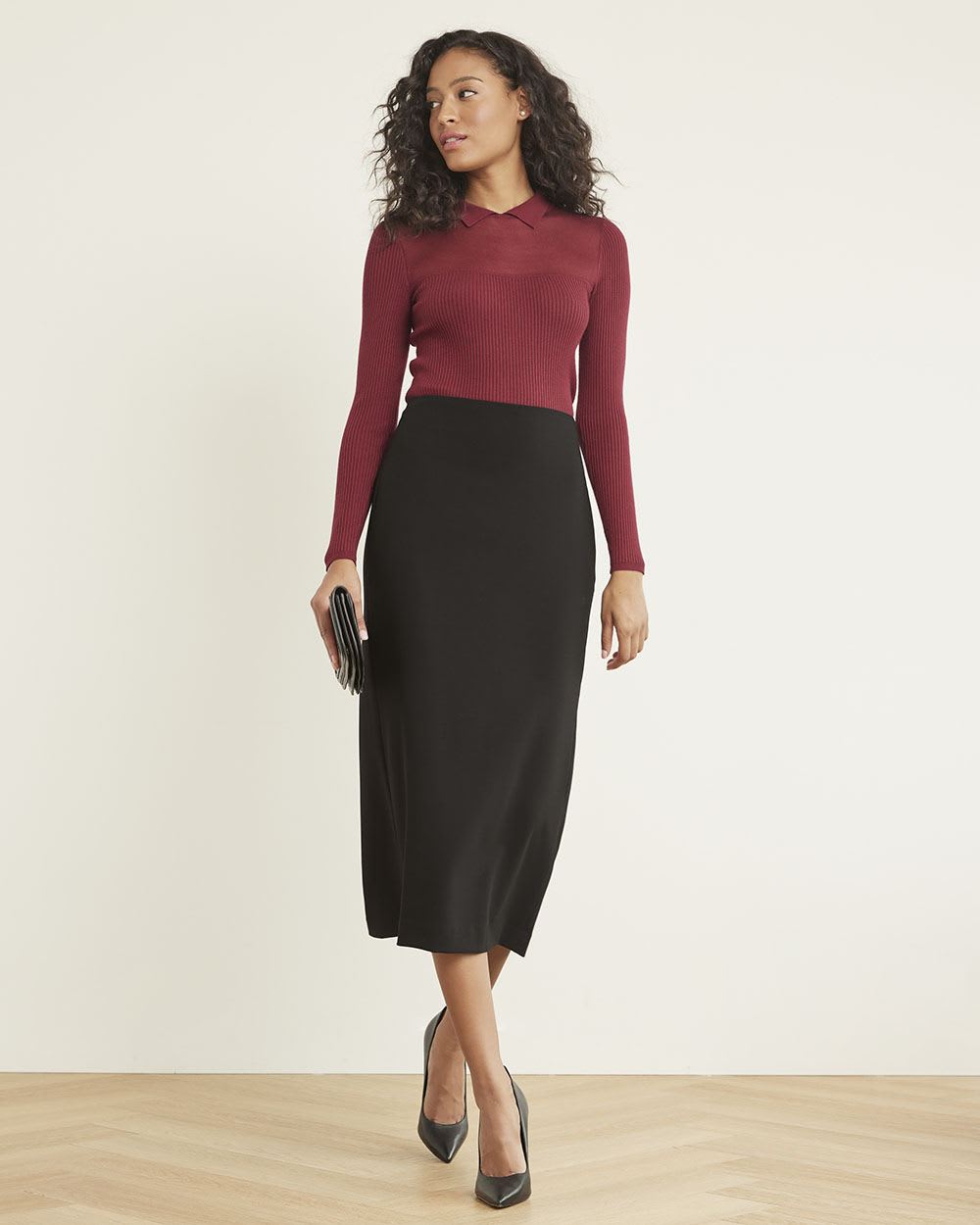 Long-Sleeve Polo Sweater with Sheer Yoke