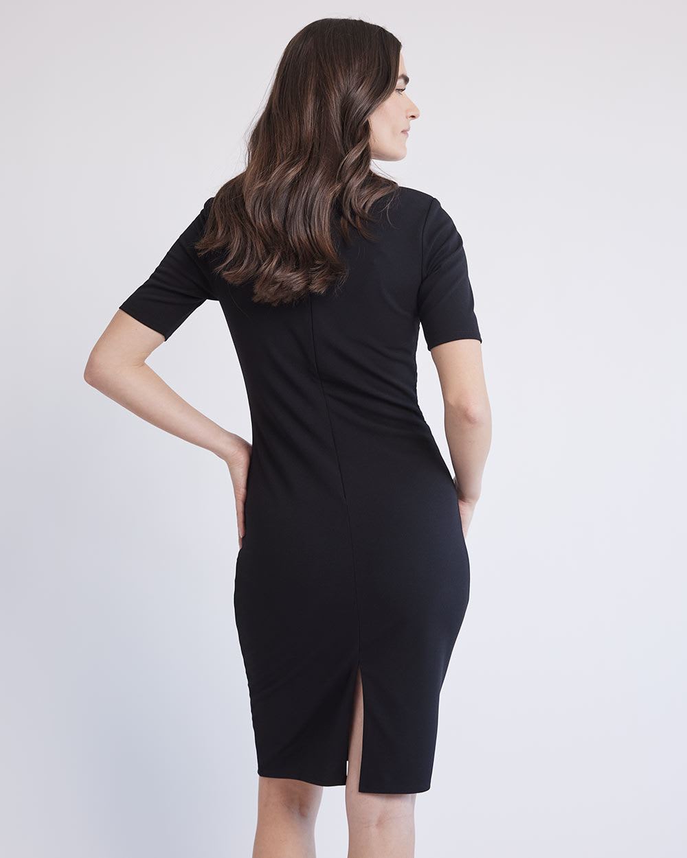 Elbow-Sleeve Fitted Dress with Crew Neckline