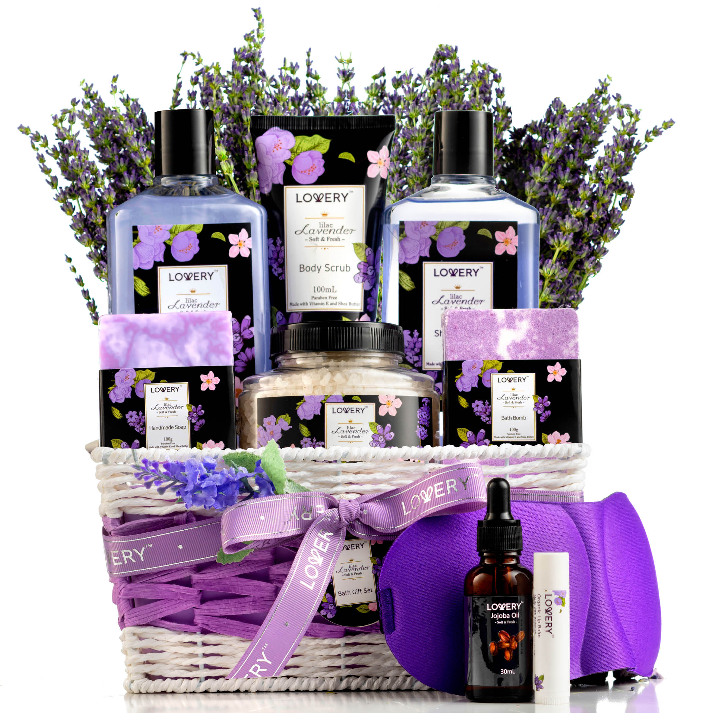 Lovery Lavender & Lilac Spa Gift Basket With Sleep Mask - Bath And Body Self Care Package For Men And Women