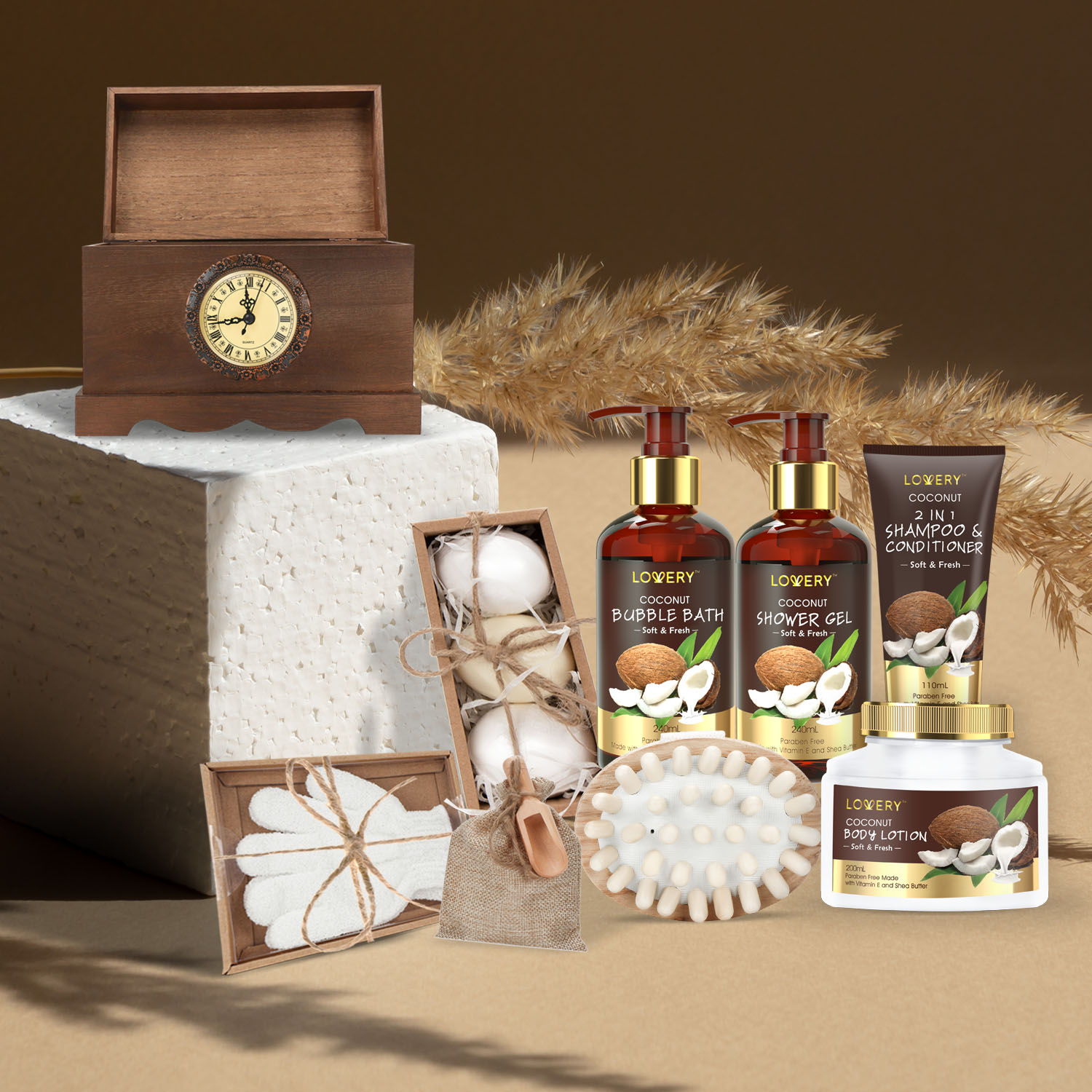 Lovery Luxury Bath Gift Set In A Vintage Style Wooden Clock Box – 13 Pc Premium Coconut
