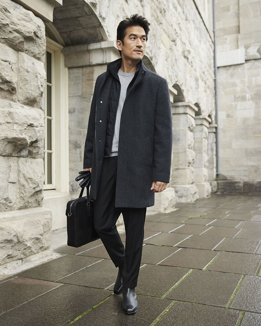 Classic Herringbone Wool Coat with Mock Neckline