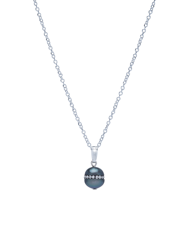Sterling Silver & Black Freshwater Pearl with CZ Dainty Pendant Necklace - Signature Pearls