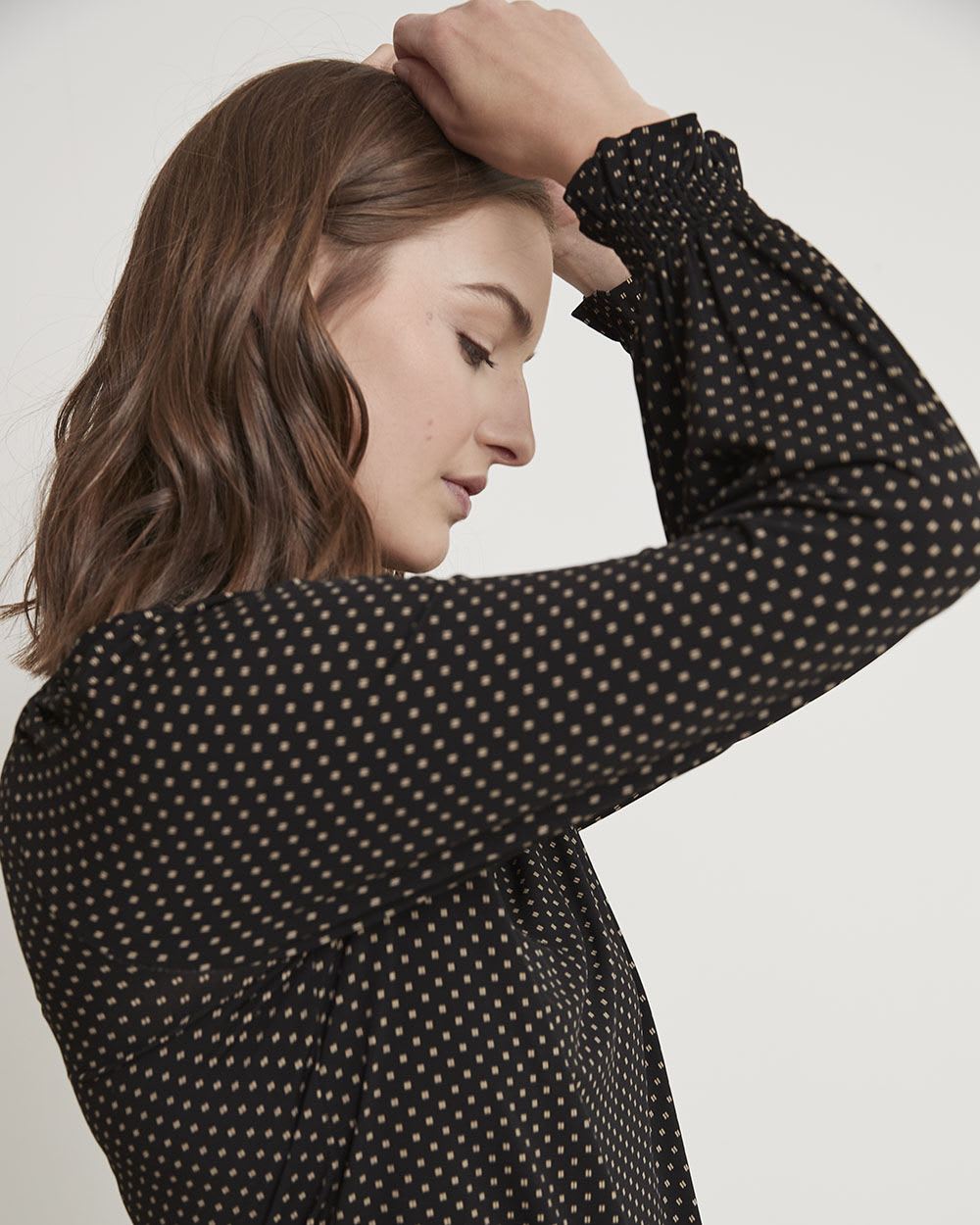 Printed Mock-Neck T-Shirt with Long Puffy Sleeves