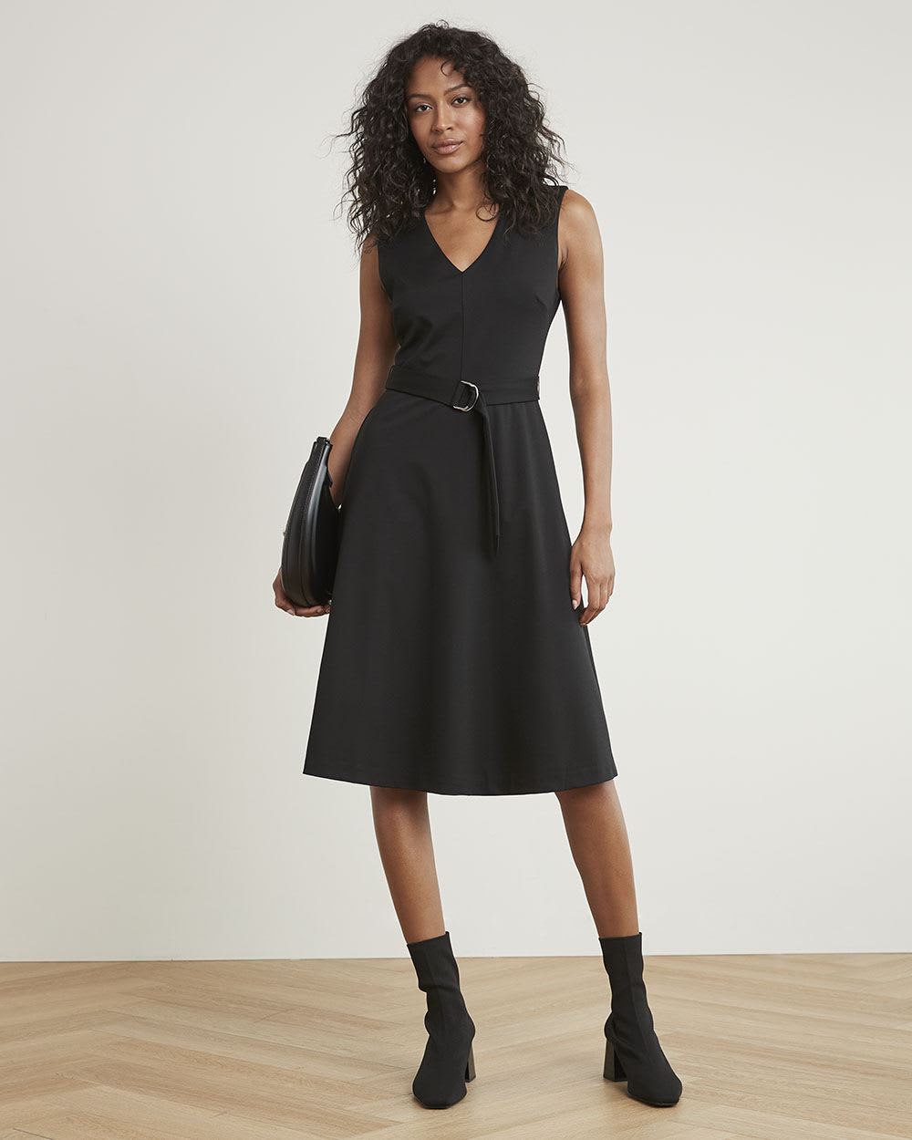 Sleeveless Fit and Flare Dress with V Neckline