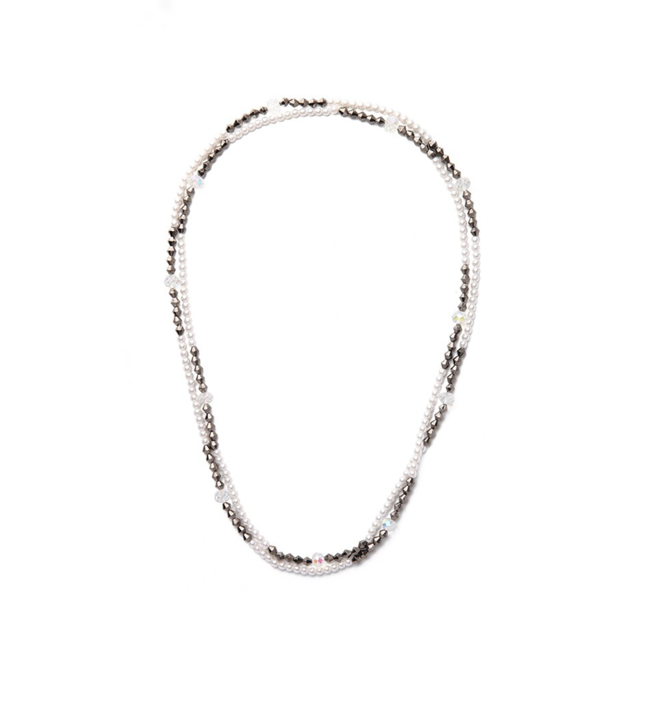 Long White Pearl and Black Crystal Beaded Necklace Bracelet - Don't AsK