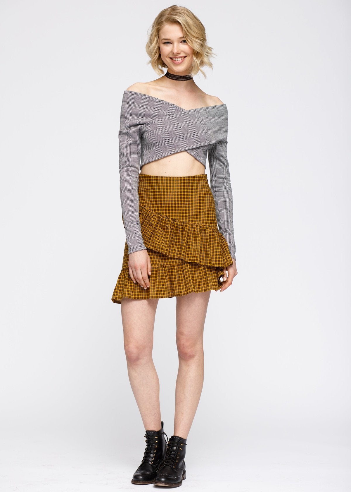 Nurode Off Shoulder Glen Plaid Criss Cross Crop Top