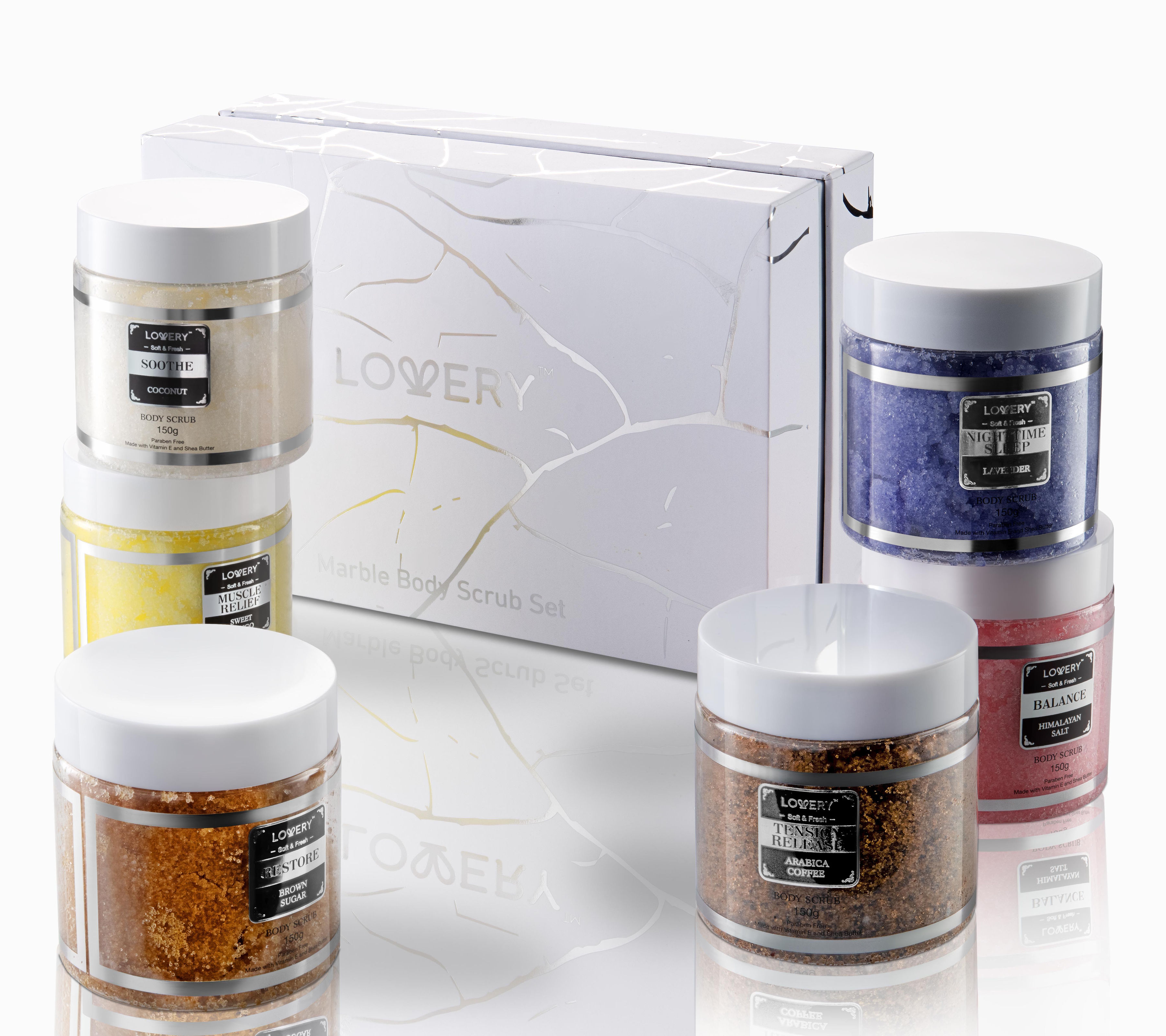 Lovery Marble Body Scrub Gift Box, 6 Scented Exfoliating Scrubs, 8 Piece