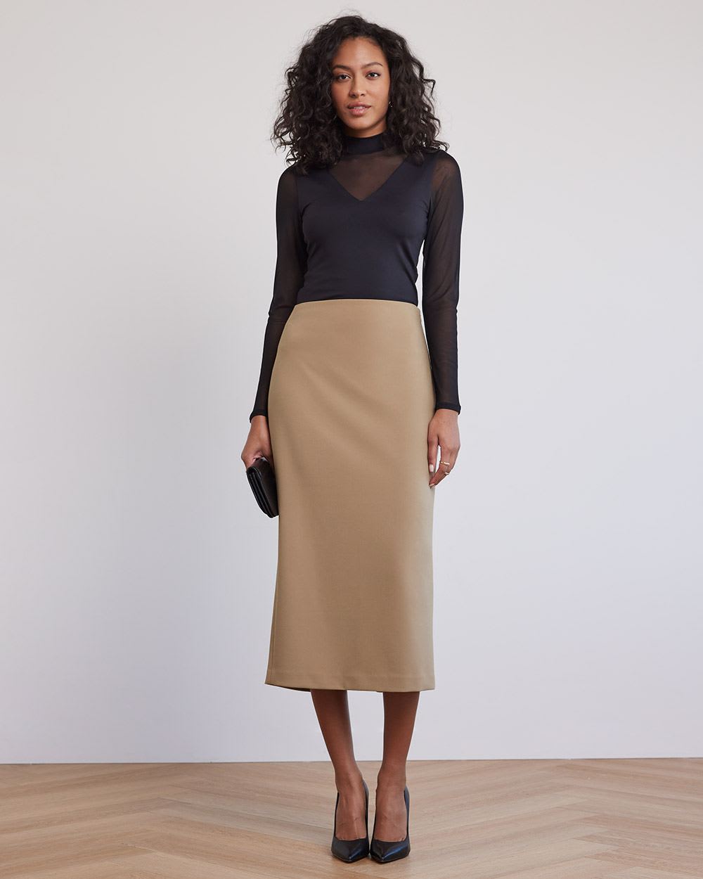 Sheer-Long-Sleeve Mock-Neck Tee