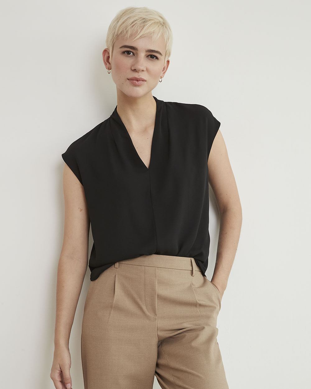 Mix-Media Extended-Sleeve V-Neck Top