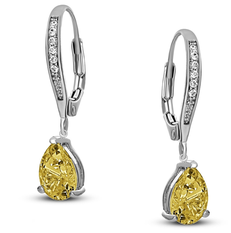 Sterling Silver White Gold Plating with Colored Cubic Zirconia Teardrop Earrings