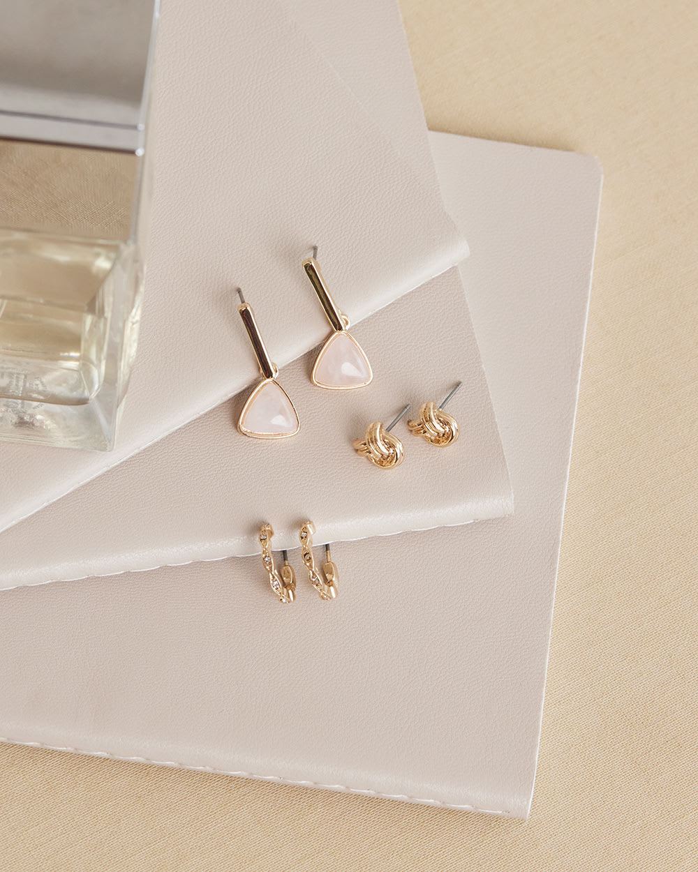 Golden Stud Earrings - 3 Pairs
