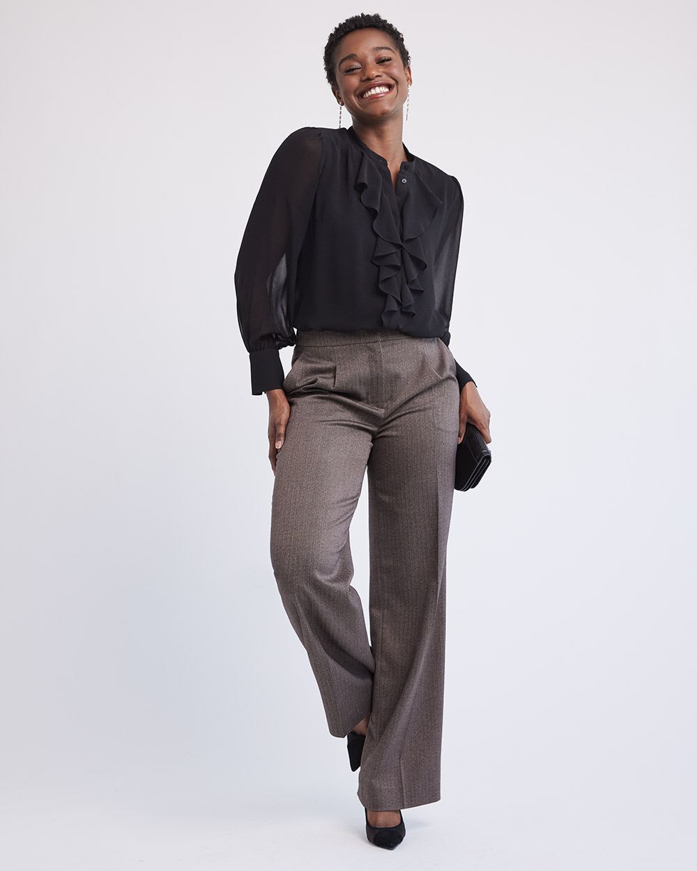 Long-Sleeve Buttoned-Down Jabot Blouse