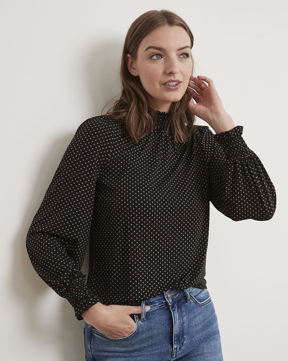 Printed Mock-Neck T-Shirt with Long Puffy Sleeves