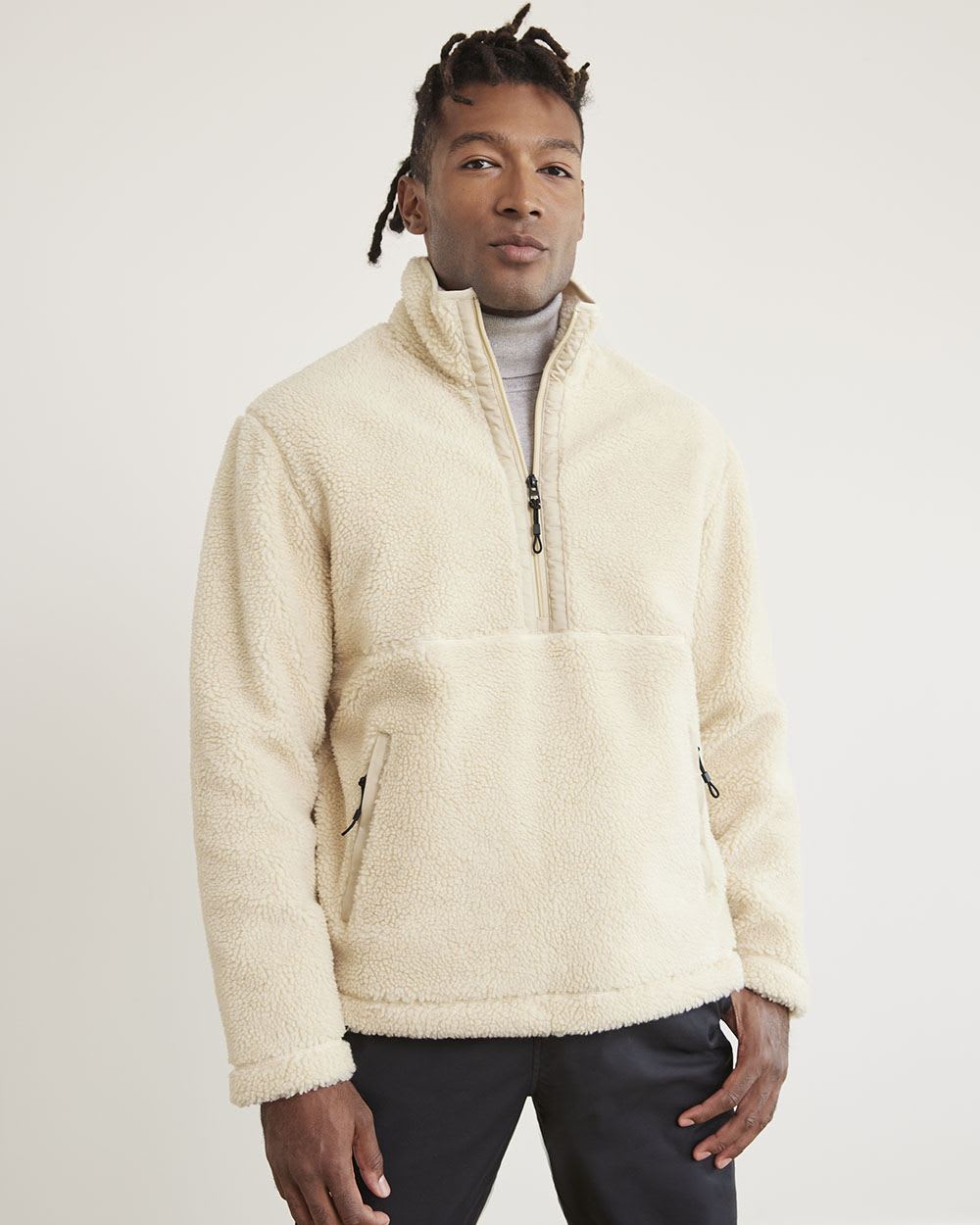 Long-Sleeve Half-Zip Mock-Neck Sherpa Pullover