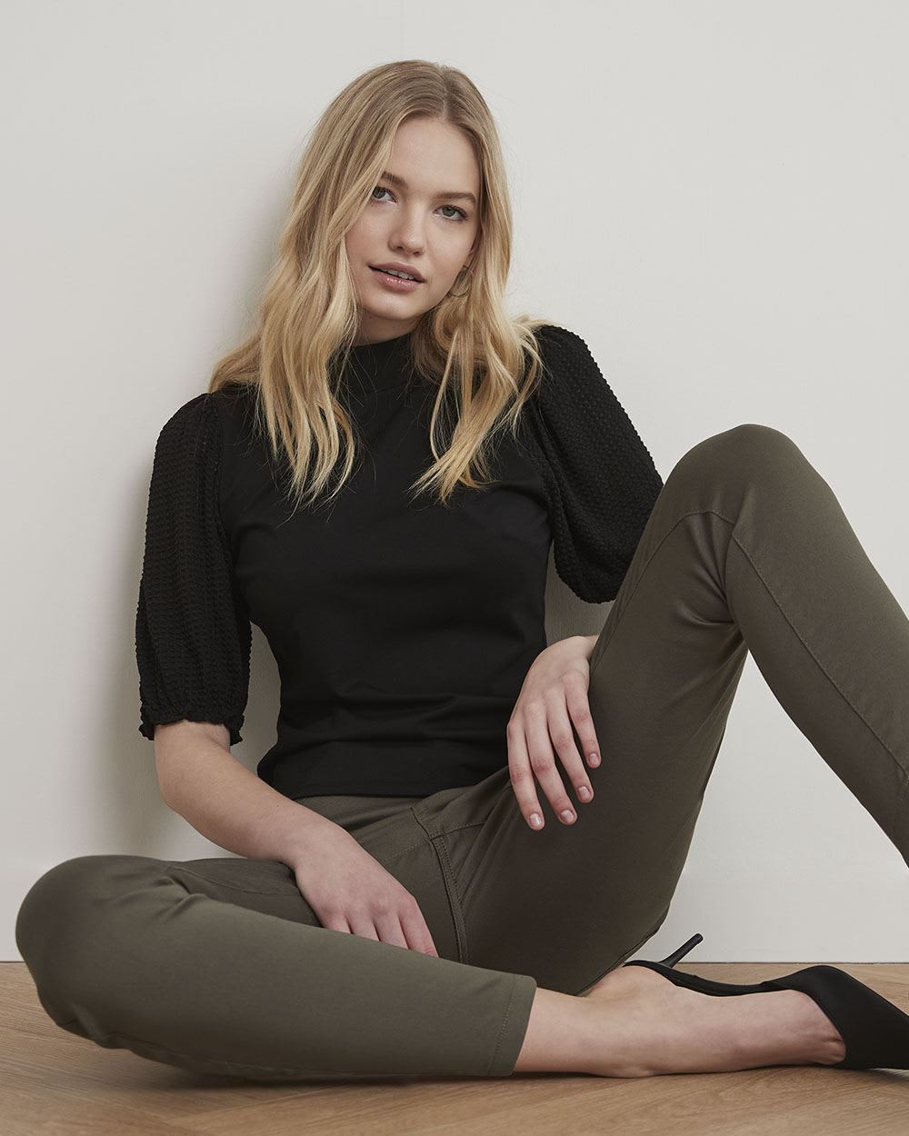 Mock-Neck T-Shirt with Short Puffy Sleeves