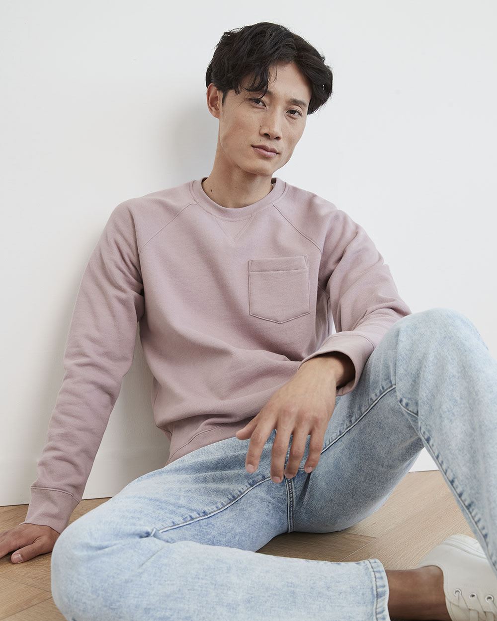 Solid Fleece Crew-Neck Pullover with Chest Pocket