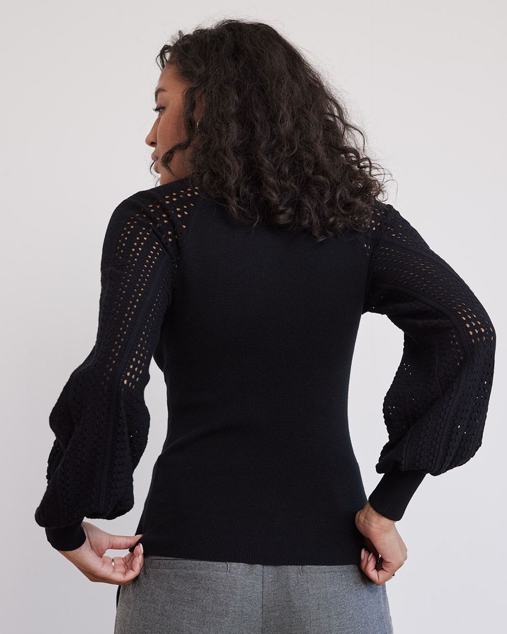 Long-Puffy-Sleeve Crew-Neck Sweater with Pointelle Stitches