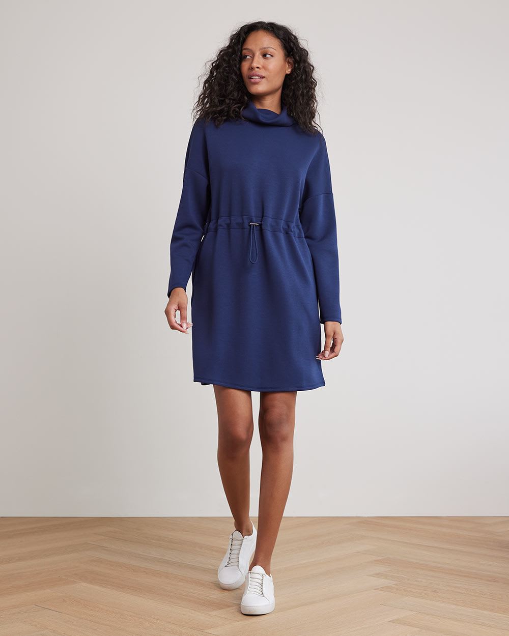 Long-Sleeve Mock-Neck Straight Dress with Adjustable Waist