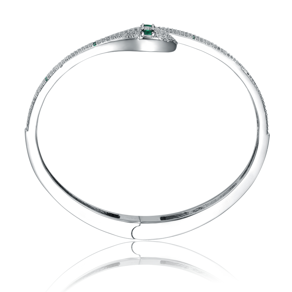 RG White Gold Plated with Emerald & Cubic Zirconia Snake Bypass Coil Wrap Bangle Bracelet
