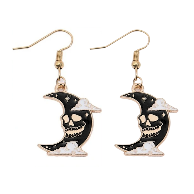 Goldtone Black Crescent Skull Moon Drop Earrings - Don't AsK