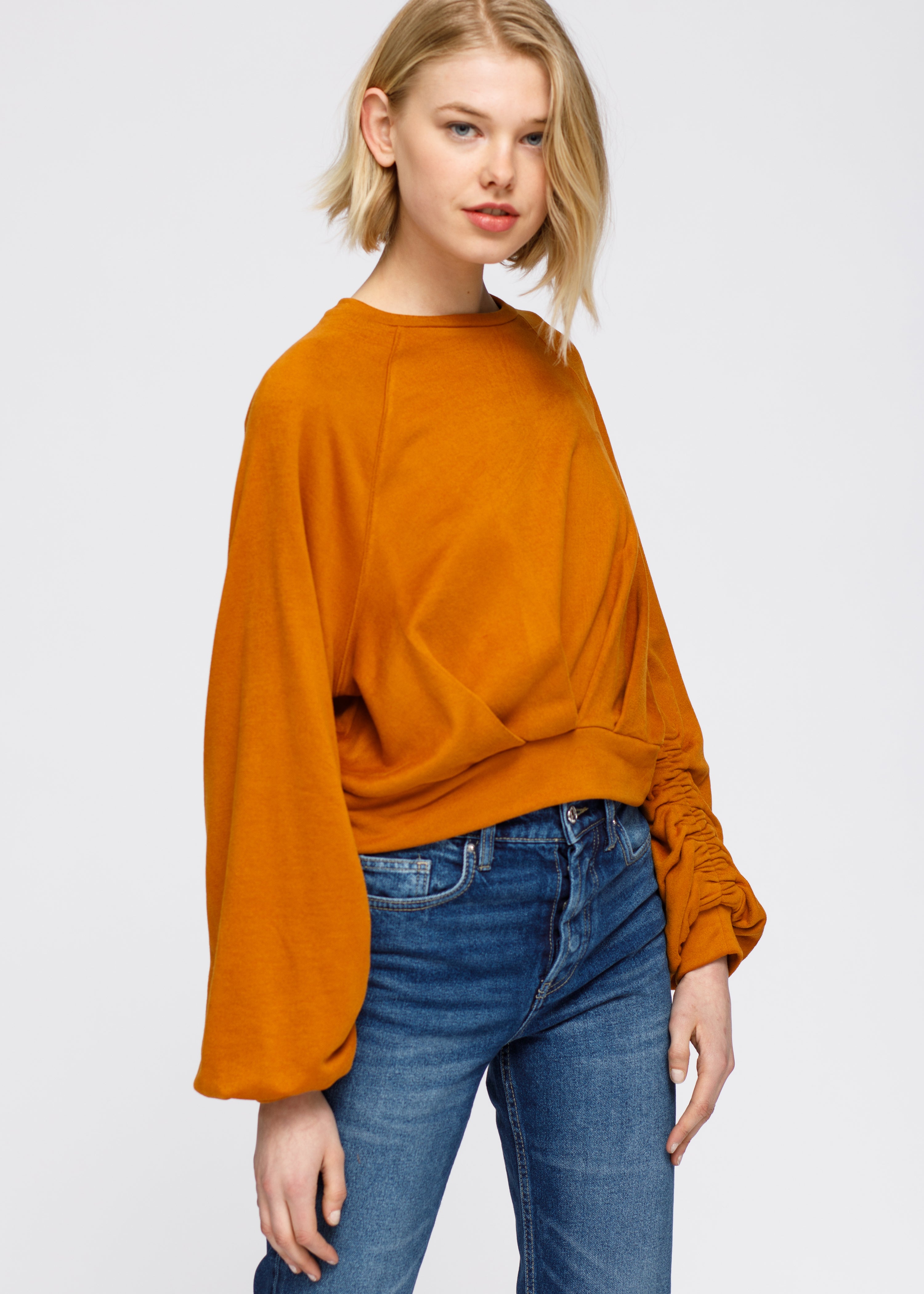 Nurode Crew Neck Ruched Sleeve Sweatshirt