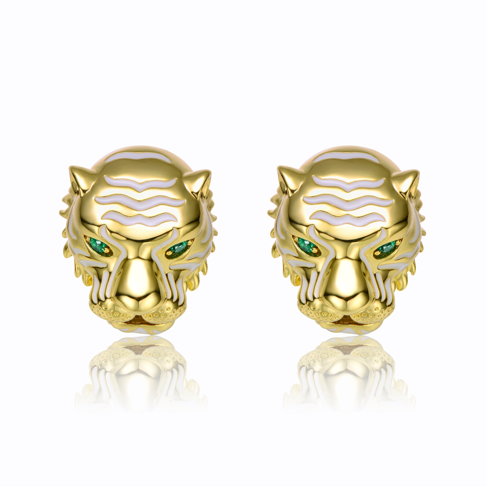 RG 14k Yellow Gold Plated with Emerald Cubic Zirconia White Enamel Roaring Tiger Head 3D Stud Earrings